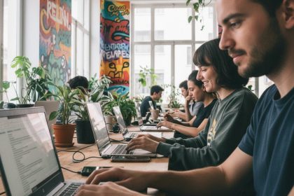 Nômade digital trabalhando em um laptop com vista para a paisagem espanhola.