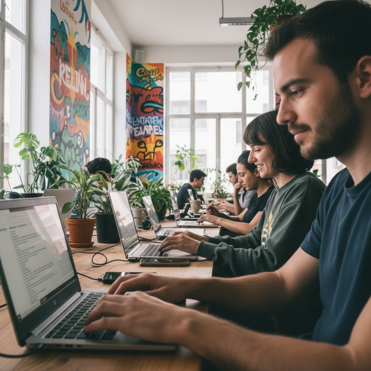 Nômade digital trabalhando em um laptop com vista para a paisagem espanhola.