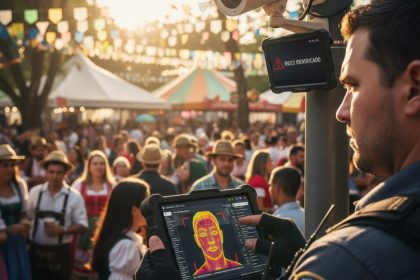 Multidão na Oktoberfest e campo de futebol durante a Copa do Mundo, sobrepostos.