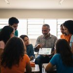 Professora usando IA com alunos em sala de aula.