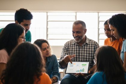 Professora usando IA com alunos em sala de aula.