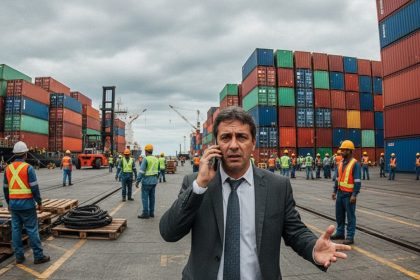 Empilhadeira movimentando contêineres em porto brasileiro.
