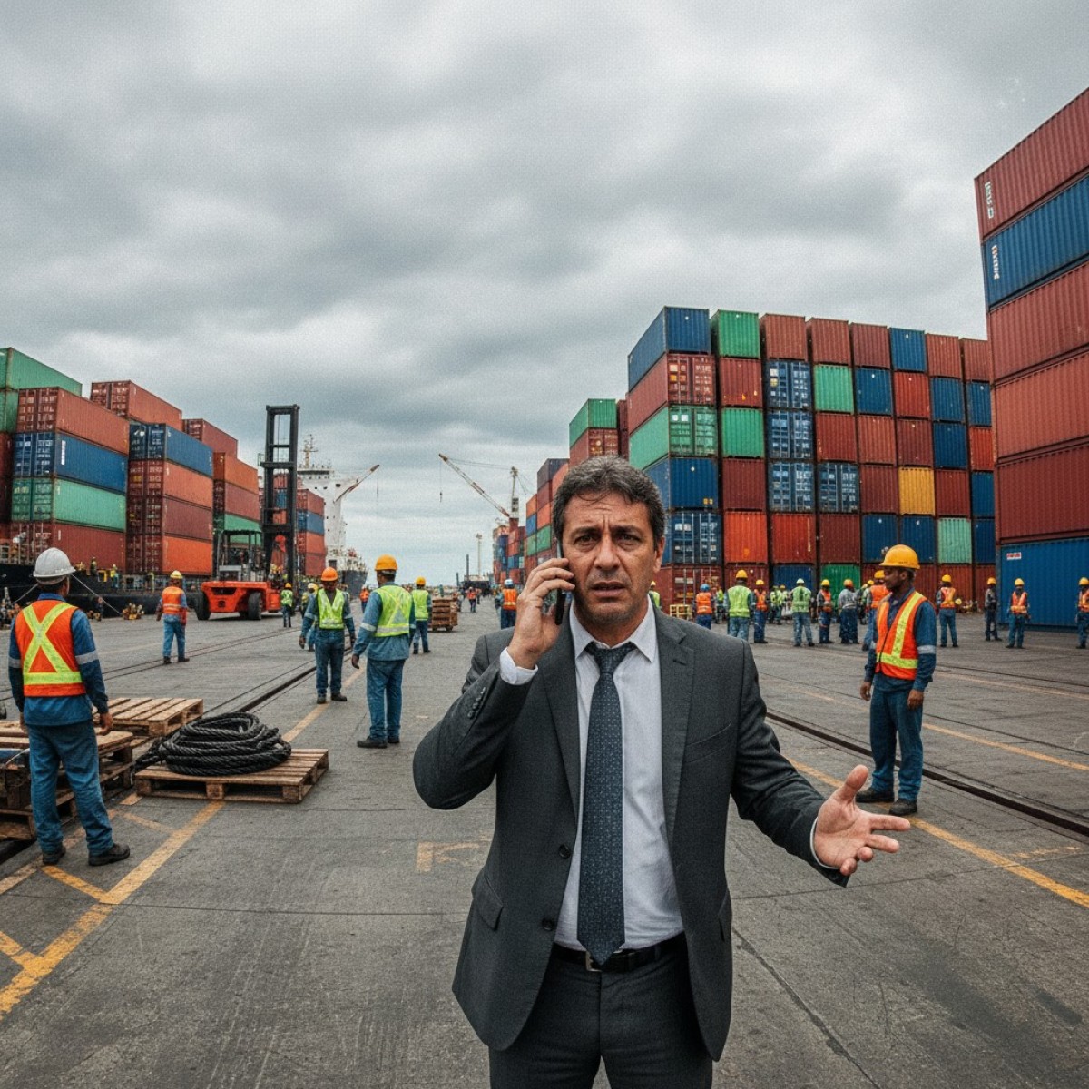 Empilhadeira movimentando contêineres em porto brasileiro.