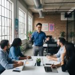 Equipe de atendimento ao cliente trabalhando em computadores.