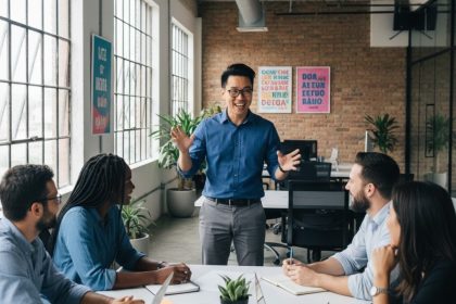Equipe de atendimento ao cliente trabalhando em computadores.