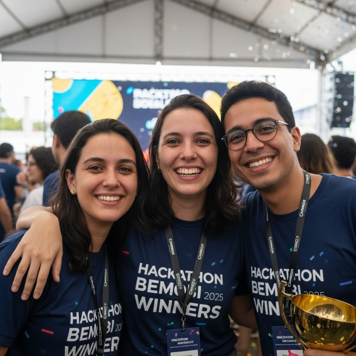 Estudantes da UFPE comemoram vitória no Hackathon Bemobi 2025.
