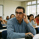 Professora utilizando IA em sala de aula para auxiliar alunos.