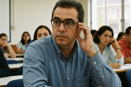 Professora utilizando IA em sala de aula para auxiliar alunos.
