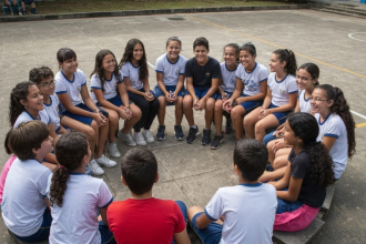Alunos em sala de aula sorrindo e interagindo.