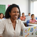 Professores brasileiros em frente a telas de computador, sorrindo.