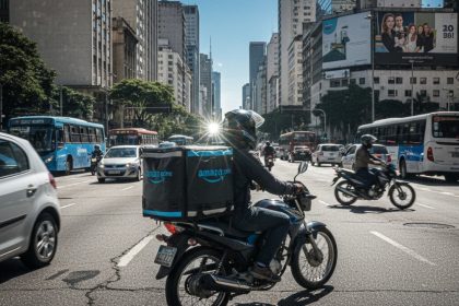 Caixa da Amazon com logo da empresa e fundo com cores vibrantes.