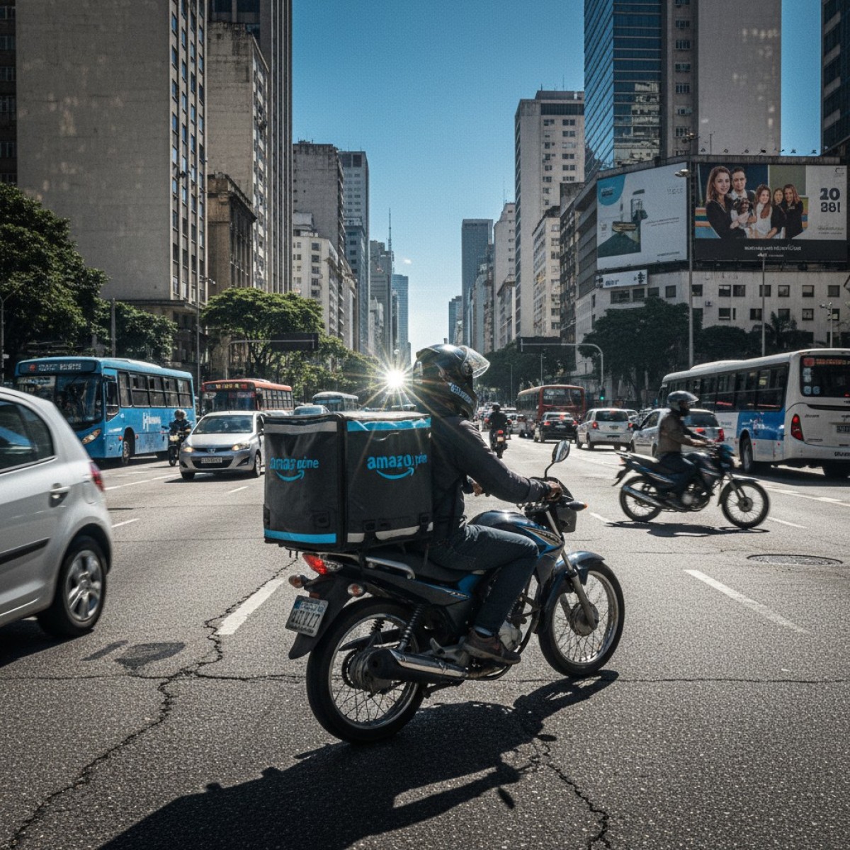 Caixa da Amazon com logo da empresa e fundo com cores vibrantes.