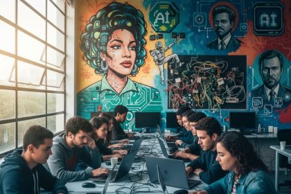 Alunos aprendendo sobre IA em computadores.