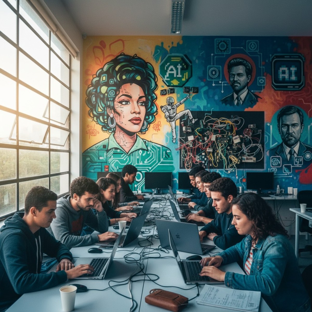 Alunos aprendendo sobre IA em computadores.