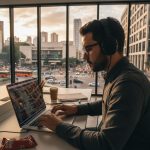 Mulher sorrindo trabalhando em frente a um computador, com elementos gráficos representando inteligência artificial ao fundo.