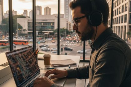 Mulher sorrindo trabalhando em frente a um computador, com elementos gráficos representando inteligência artificial ao fundo.