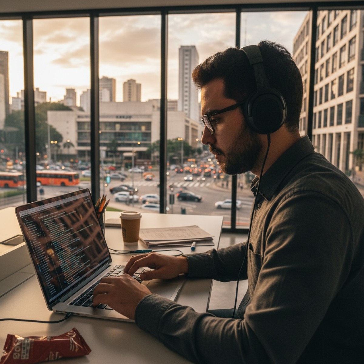 Mulher sorrindo trabalhando em frente a um computador, com elementos gráficos representando inteligência artificial ao fundo.