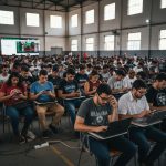 Mulher navegando em plataforma online de leilões de imóveis.