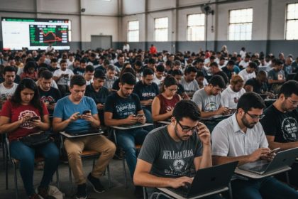 Mulher navegando em plataforma online de leilões de imóveis.