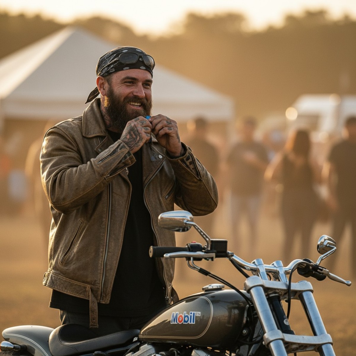 Motos customizadas no Lucky Friends Rodeo com a marca Mobil™ em destaque.