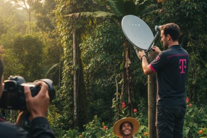 Antena Starlink em operação no Brasil, conectada à rede Deutsche Telekom.