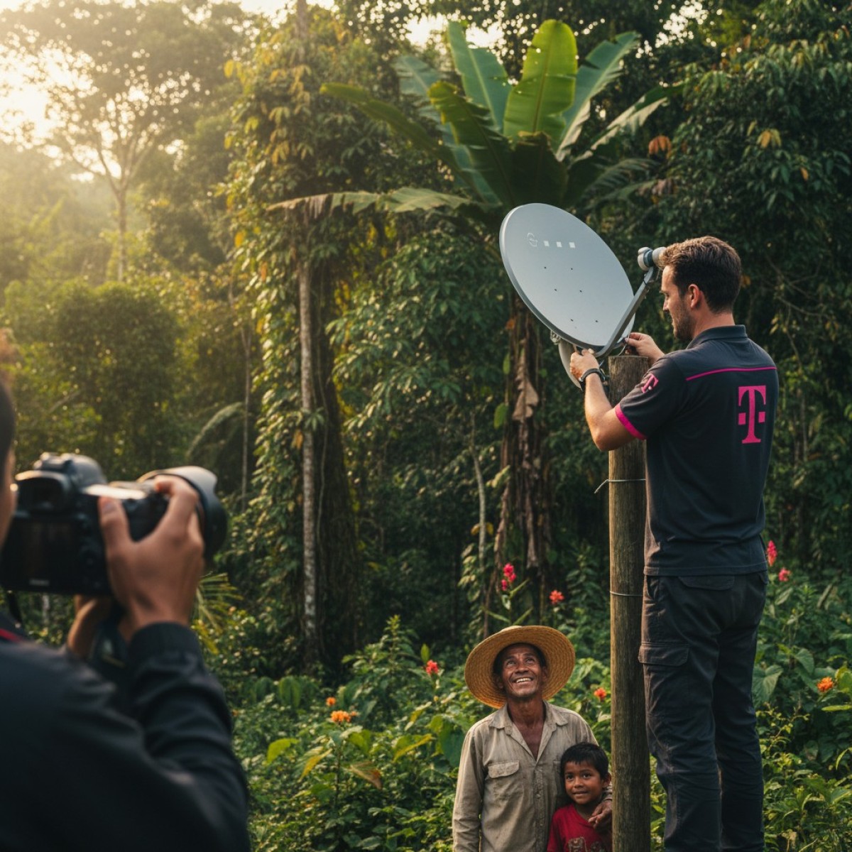 Antena Starlink em operação no Brasil, conectada à rede Deutsche Telekom.