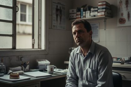 Dentista sorrindo para paciente em clínica moderna