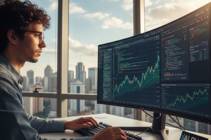 Robô automatizando tarefas financeiras com IA.