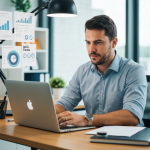 Profissional de marketing utilizando IA em tela de computador.