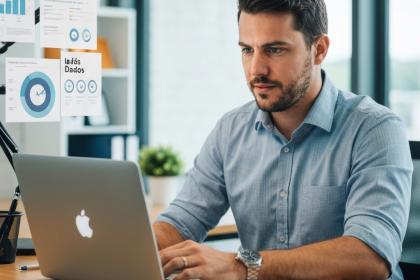 Profissional de marketing utilizando IA em tela de computador.