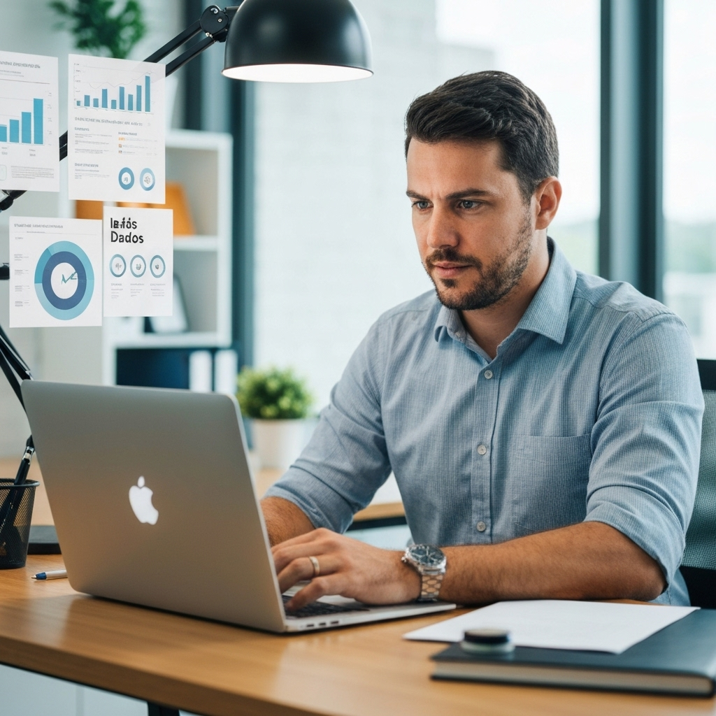 Profissional de marketing utilizando IA em tela de computador.