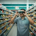 Robô auxiliando cliente em loja futurista com IA.