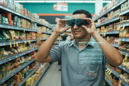 Robô auxiliando cliente em loja futurista com IA.