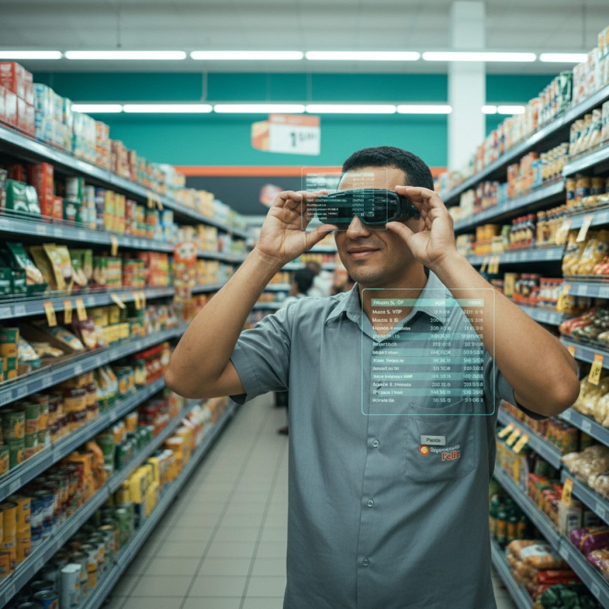 Robô auxiliando cliente em loja futurista com IA.