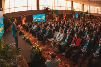Pessoas em evento corporativo, sorrindo e interagindo.
