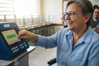 Eleitora em cadeira de rodas votando em urna eletrônica acessível.