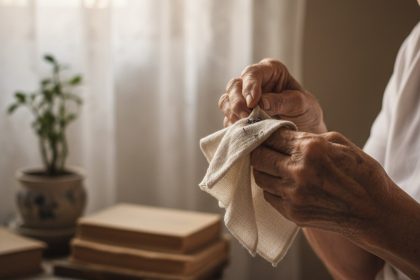 Idoso inalando óleo essencial, aromaterapia para demência e Parkinson