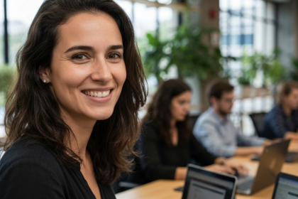 Jholy Mello, autora do livro 'CRM no varejo', sorrindo em frente a um painel digital.