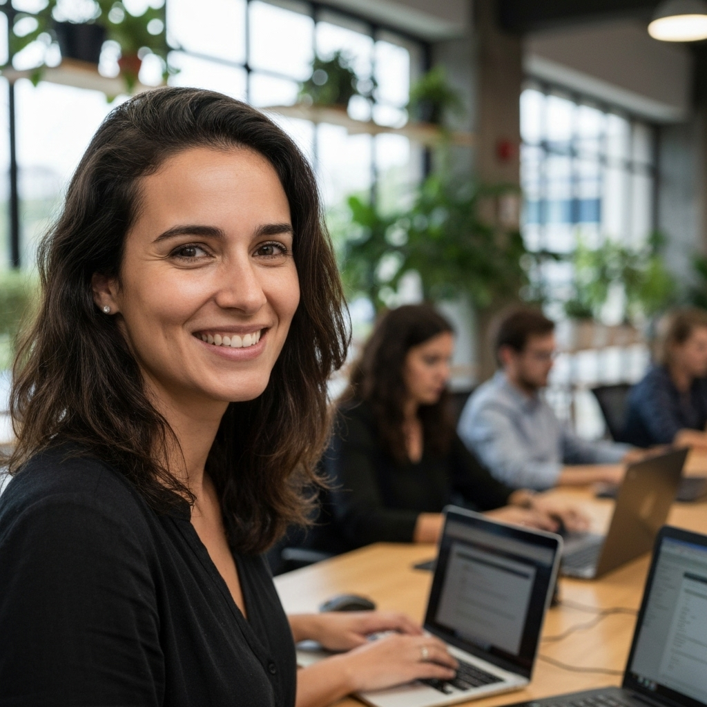 Jholy Mello, autora do livro 'CRM no varejo', sorrindo em frente a um painel digital.