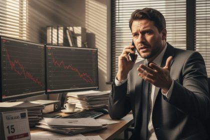 Empresária preocupada analisando dados em tela.