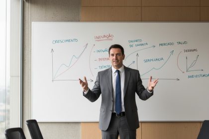 Empresário analisando dados em tela com foco no cliente B2B