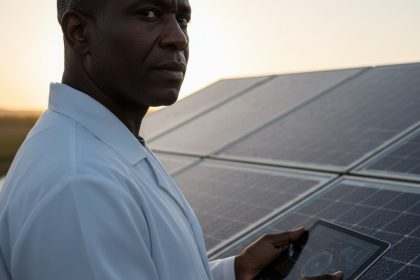 Painéis solares e chips de computador, simbolizando IA e energia renovável no Brasil.