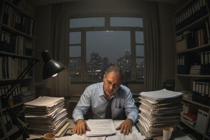 Calculadora e pilhas de moedas, simbolizando impostos e finanças.