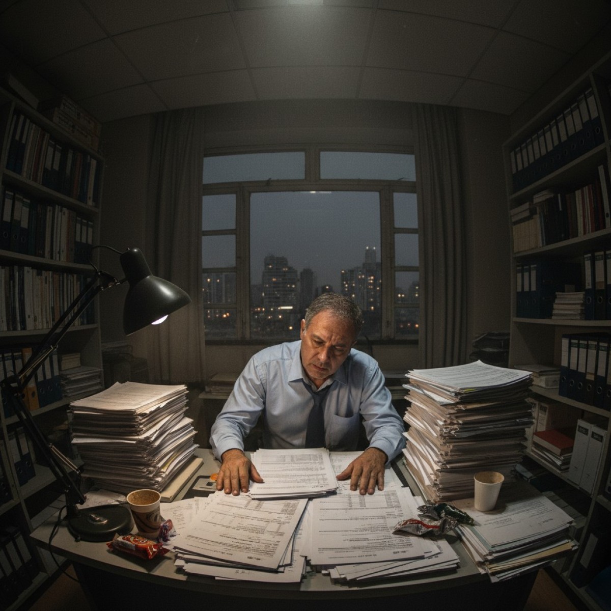 Calculadora e pilhas de moedas, simbolizando impostos e finanças.