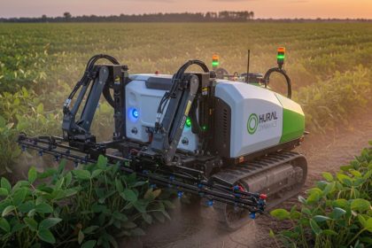 Robô pulverizador elétrico Hural Dynamics em campo.