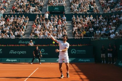 Raquete de tênis e a logo do Rio Open