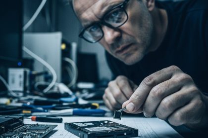 SSD com chips expostos, mostrando a tecnologia interna.