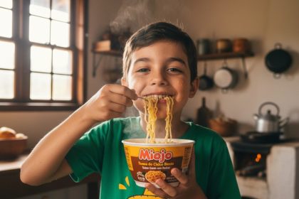 Chico Bento comendo Miojo sabor Carne com Batata.