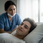 Humberto Carrão como Afonso em 'Vale Tudo', em cena de transplante de medula óssea.