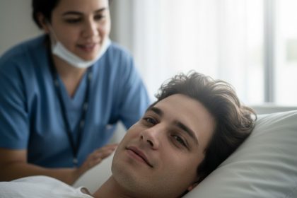 Humberto Carrão como Afonso em 'Vale Tudo', em cena de transplante de medula óssea.